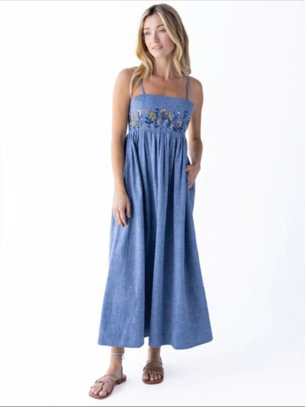 NATURAL LIFE Bailey Embroidered Maxi Dress - Denim Floral - M